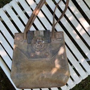 JAMES GOO BOHO ALL LEATHER SHOULDER BAG, hand painted boho look faded distressed